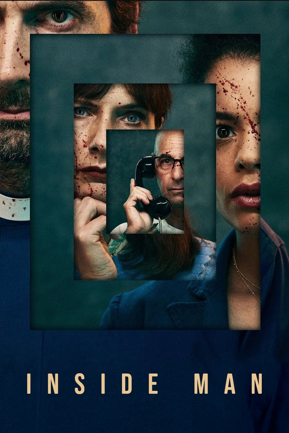 A poster for Inside Man, showing the core cast within a series of nesting doll smaller character posters.