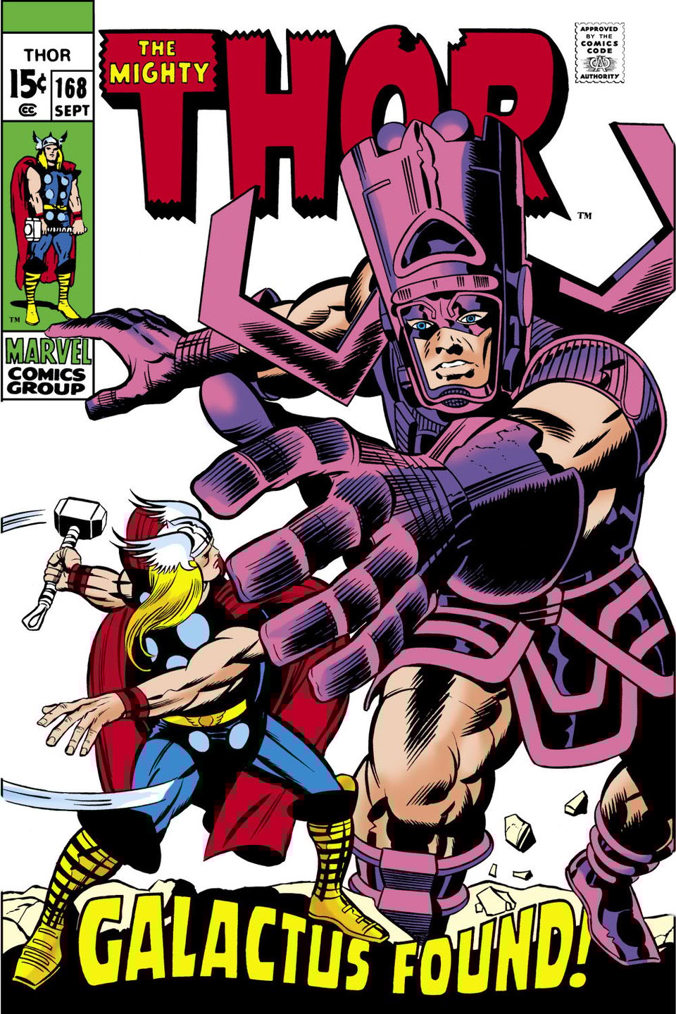 The Mighty Thor #159, Galactus reaching down towards Thor with the caption GALACTUS FOUND!
