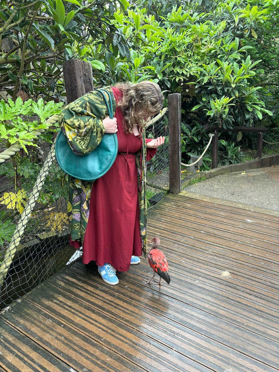 Me in a red dress with a red bird pecking curiously around my feet