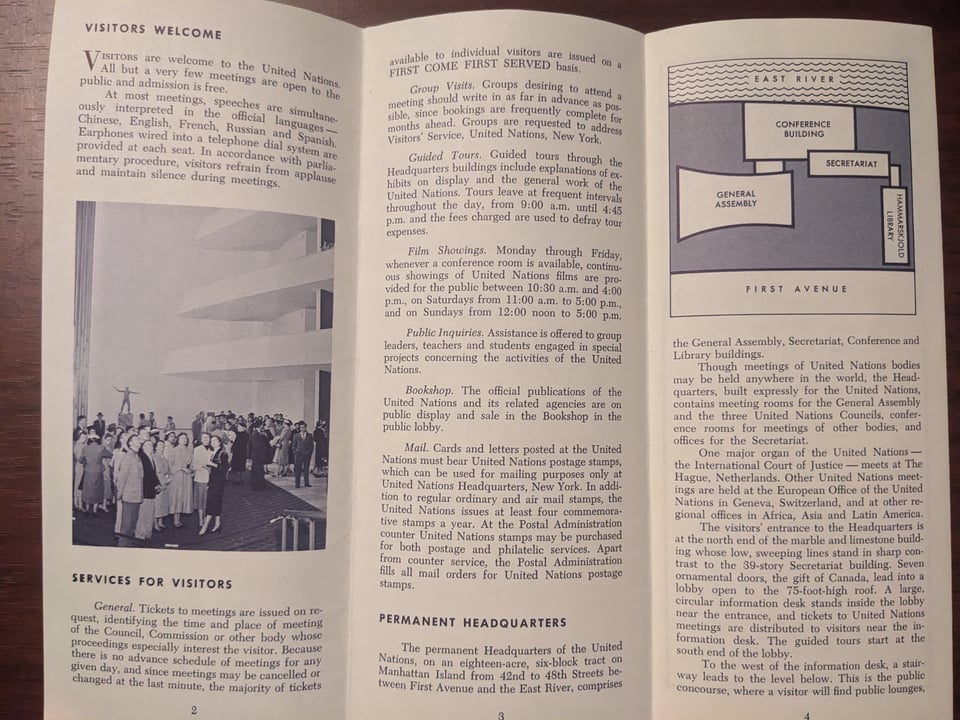 Three pages of the foldout UN visitors guide, featuring services for visitors, a map of the campus, and information about the different parts of the headquarters.