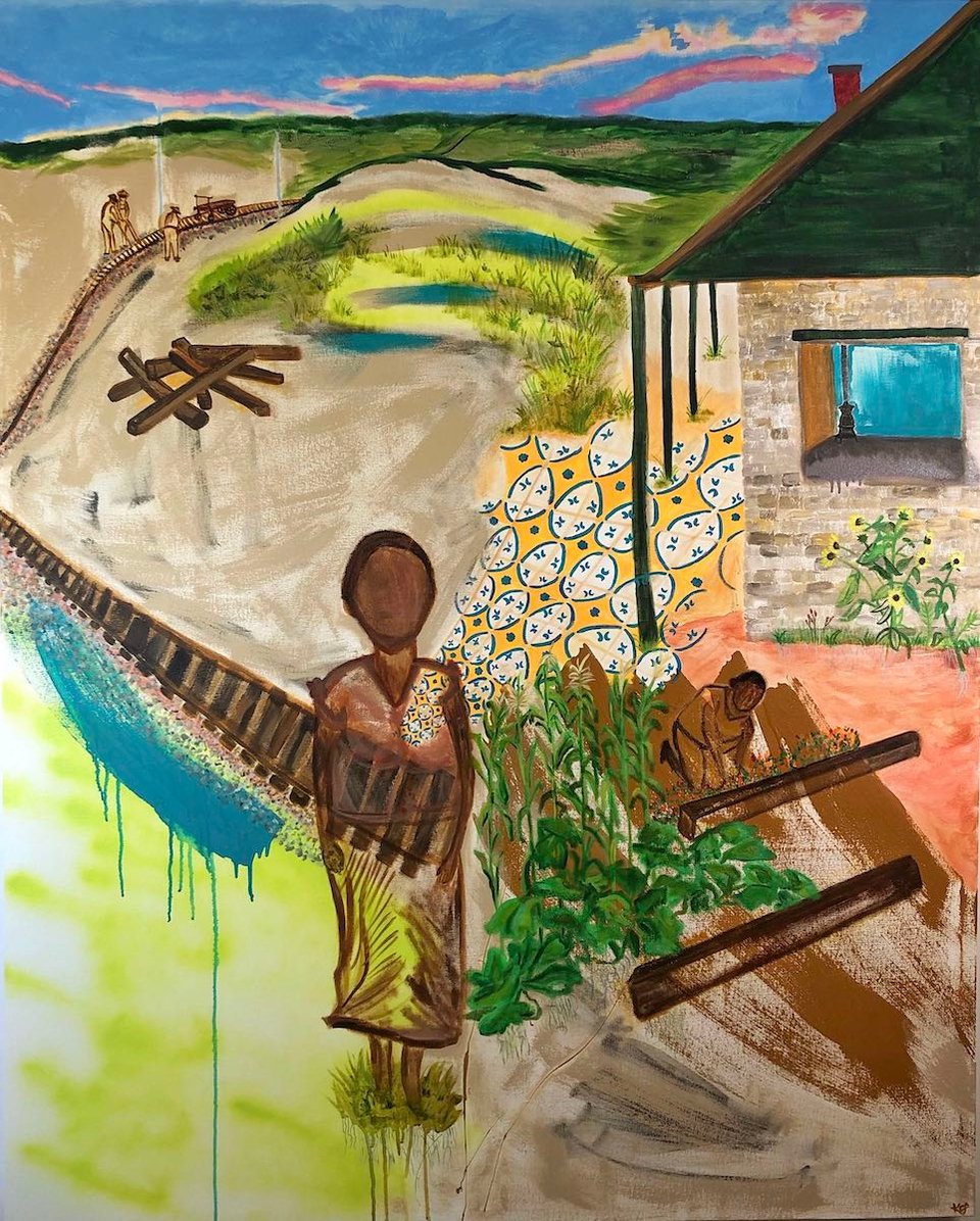 a painting featuring a woman foregrounded with railroad tracks running through her abdomen on the right side is a garden outside of a railroad bunkhouse