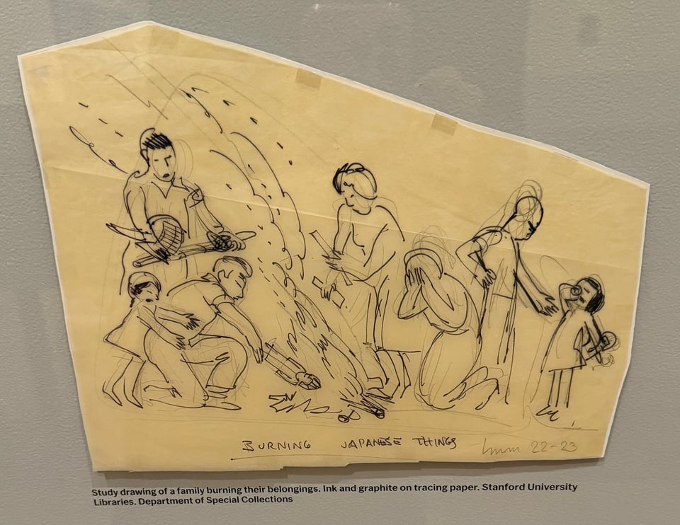 Drawing of Japanese American family forced to burn personal possessions leading up to World War II, from the Stanford University library, on display in the Ruth Asawa retrospective at MoMA, New York City, 2026