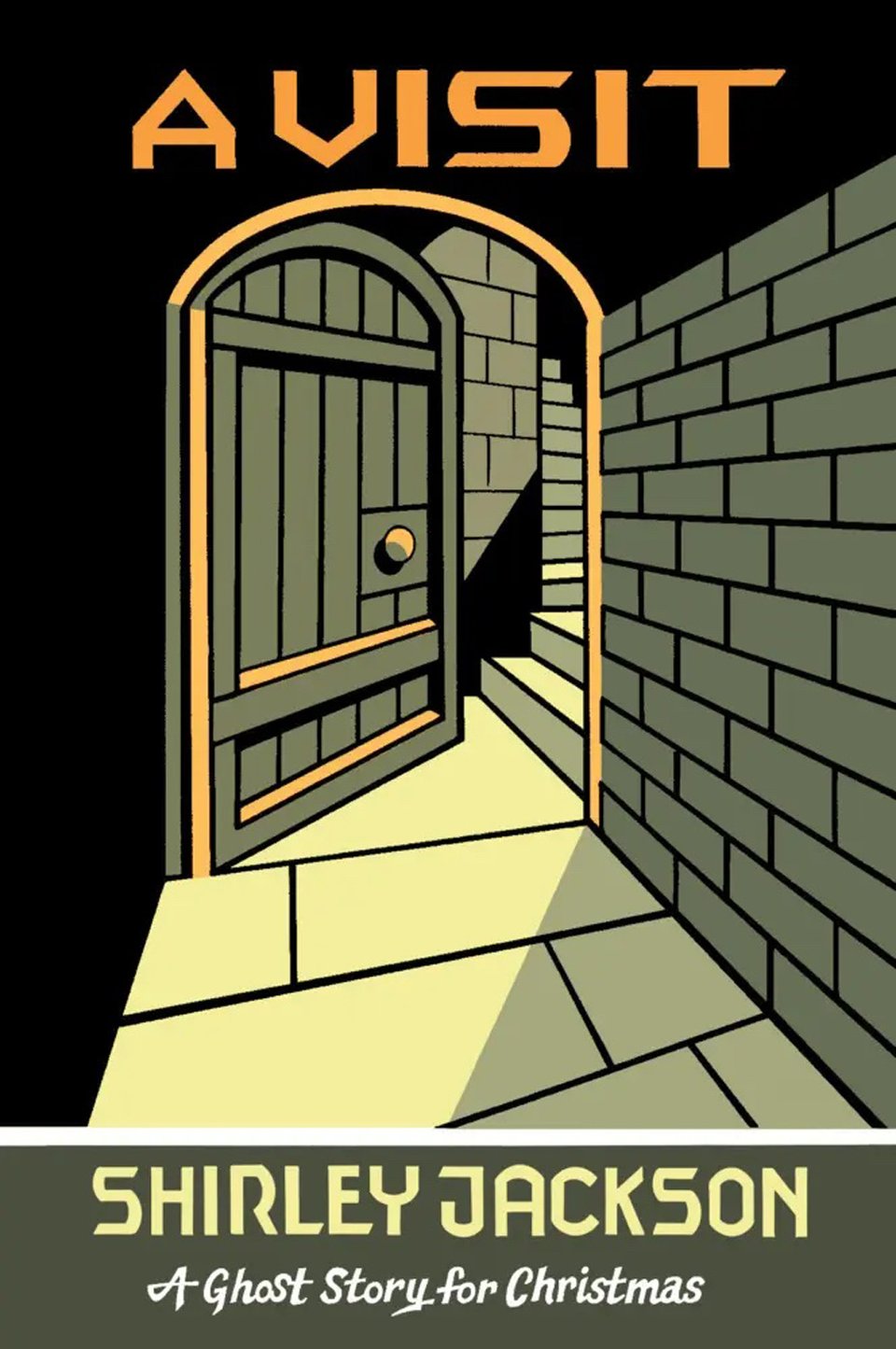 The cover of the Seth-illustrated Shirley Jackson short story A Visit, one of the ghost stories for Christmas published by Biblioasis: an illustration of a stone hallway leading to a wooden door, opening to some stairs spiralling up into a tower.