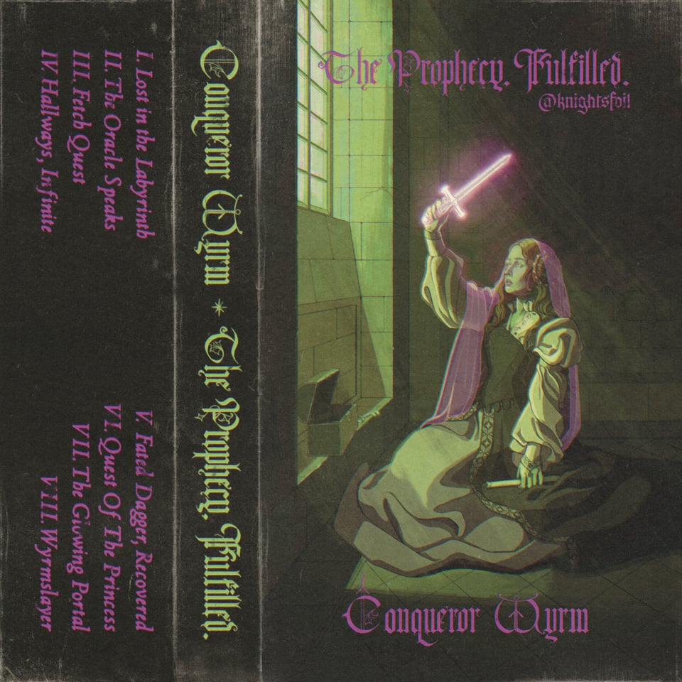 Digital illustration of a dungeon synth album art cover. It is formatted like a J-Card, with an illustration of a princess holding a magical dagger aloft on the right side, and text occupying the left side. Most but not all of the text is handlettered. The image is primarily green, with pops of a neon magenta.