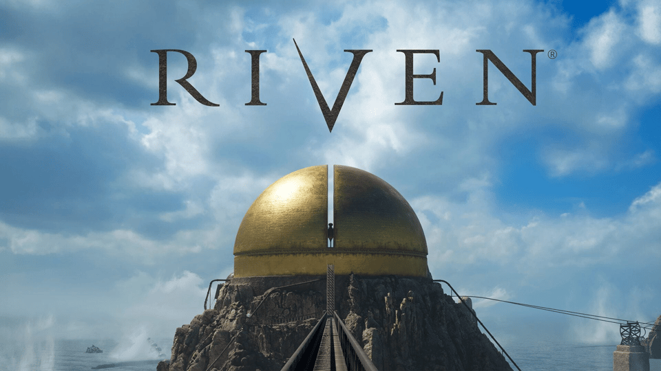 cover of riven (2024) showing a large golden dome split in two on a rocky island, a number of bridges leading away from it