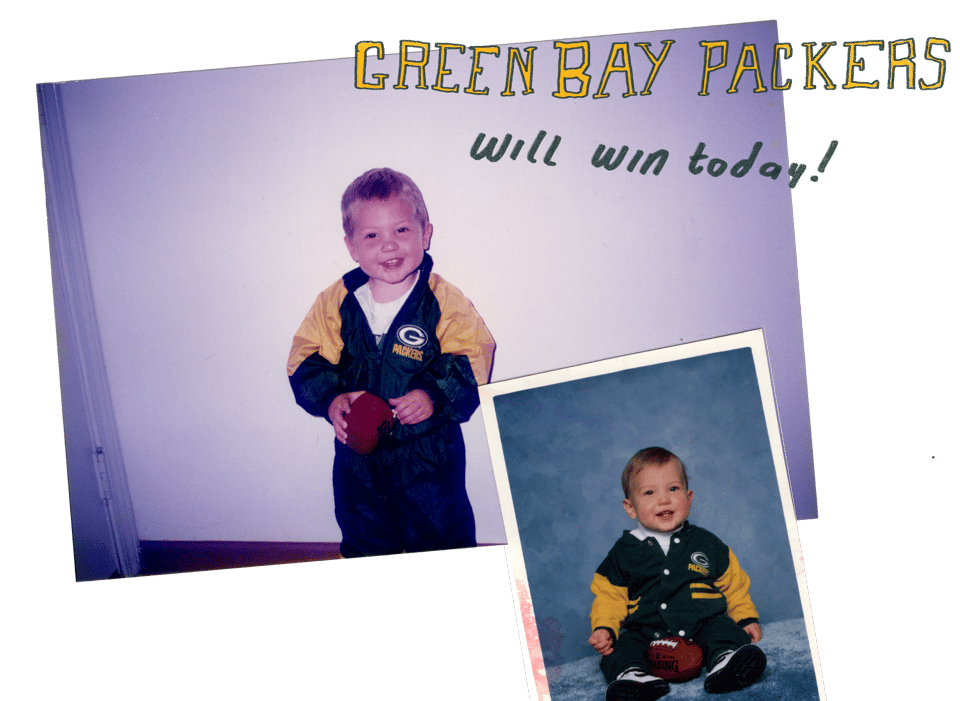 collage of images of me as a baby in packers gear