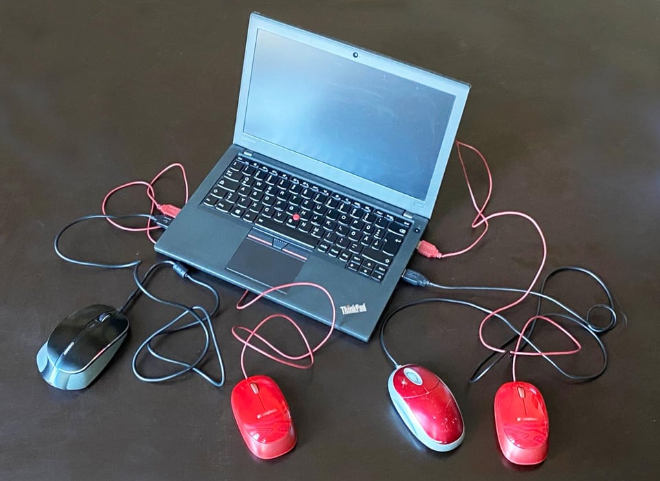 [A laptop surrounded by four different wired mice, all hooked up to the laptop’s various ports.]