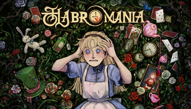 Promotional image for Habromania. Alice is seen holding her head in her hands and staring at the viewer in horor.