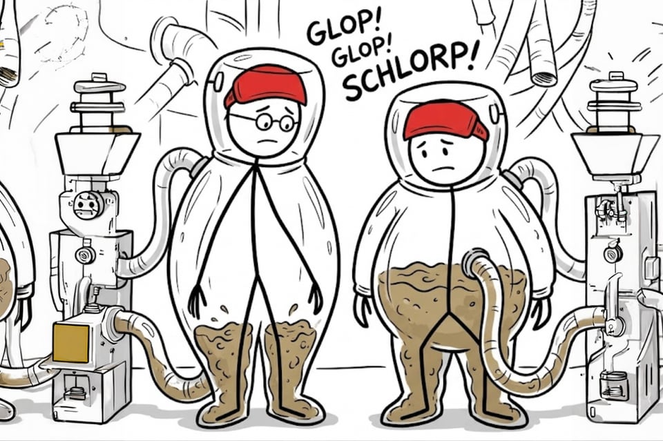 drawing of scene from Brazil where plumbers working for the state are trapped in their own poop