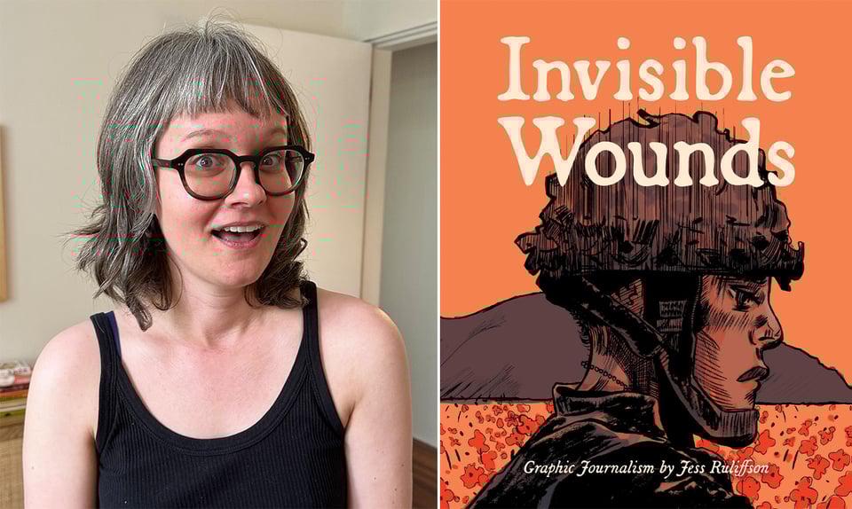 Two photos: left, cartoonist Jess Ruliffson in a black tank top, smiling for the camera; right, the cover of her graphic novel, Invisible Wounds
