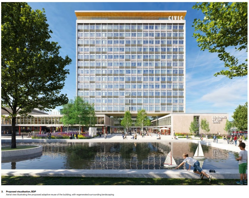 An artist's impression of how the renovated Civic Centre will look from Armada Way. the tower is bright with the glow from the yellow tiles under the butterfly roof visible. The red pilotti are visible, and the reflecting pools have been restored. A blond kid is pushing a model sailing boat into the pool, like some escapee from a 1960s Ladybird book.