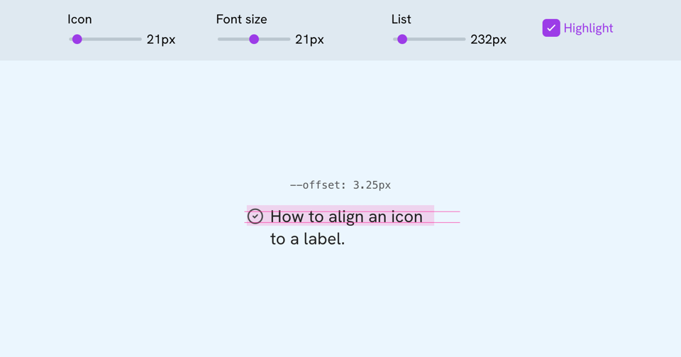 A screenshot from one demo shows controls for icon, font and list. In the middle, there is a checkmark icon next to "How to align an icon to a label"