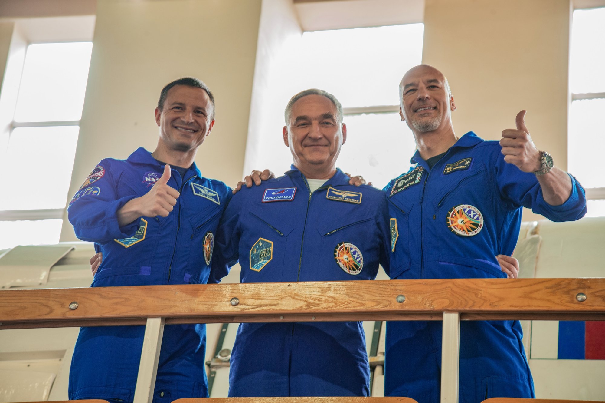 At the Gagarin Cosmonaut Training Center in Star City, Russia, Expedition 60 crewmembers Drew Morgan of NASA (left), Alexander Skvortsov of Roscosmos (center) and Luca Parmitano of the European Space