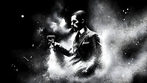 The Cutting Room Floor Art. Black and White. A man in a pinstripe suit exhales cigarette smoke with a galaxy background