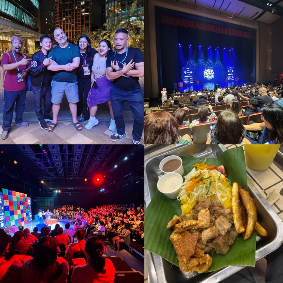 Four pictures in a grid: Vinny with five people in a row, a large theatre venue with "Manila Improv Festival" on the screen, a medium theatre venue with hosts speaking to a crowd, a plate of lechon on a food court tray