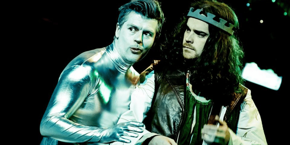 Me, dressed in a silver body suit, as Puck with Ed Croft as Oberon.