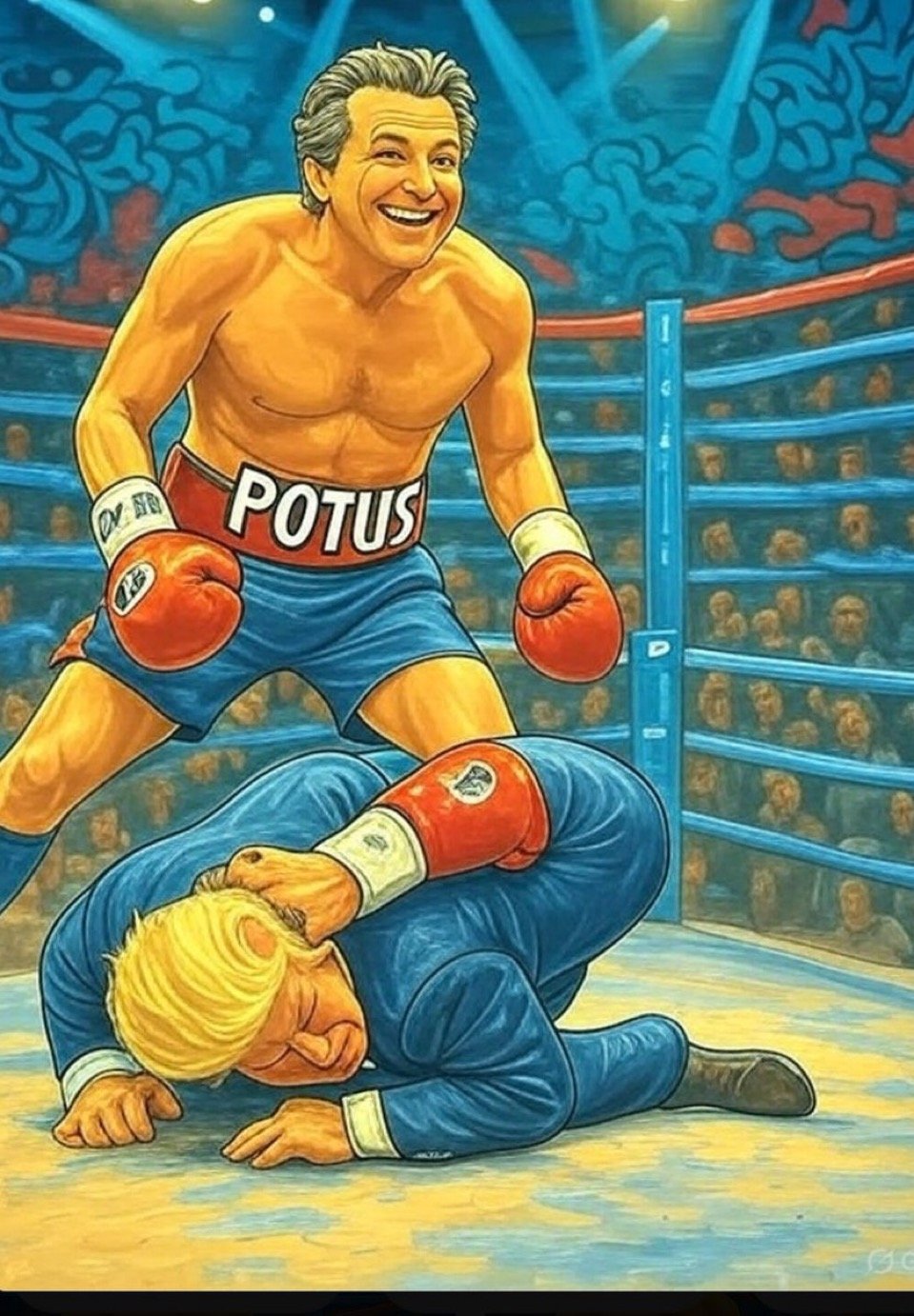 AI image of Newsom and Trump in a boxing ring. Newsom mugs for the camera as Trump writhes below him. Trump has an extra limb growing out of his posterior area.