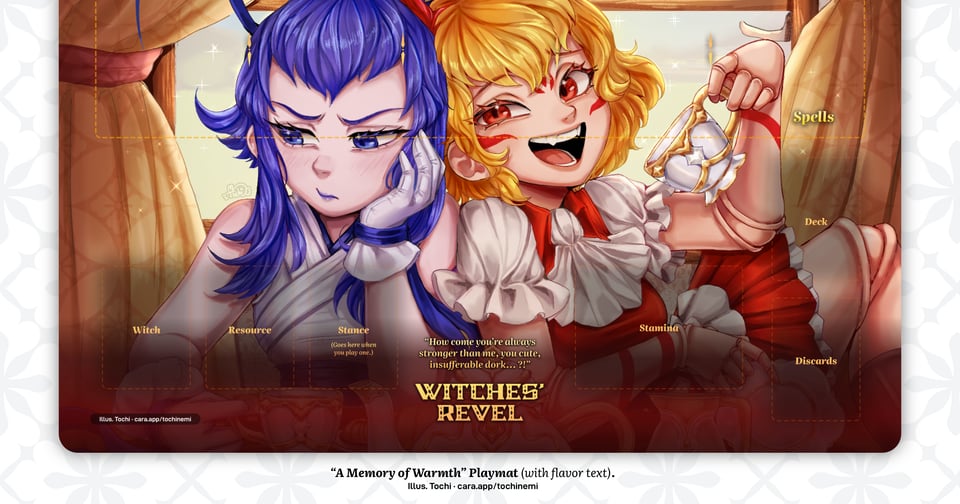 A render of a playmat showing Celosia and Nymphaea drinking tea, Nymphaea sulking and blushing while Celosia leans on her in giddy, distracted joy. "A Memory of Warmth" (with flavor text), illus. Tochi · cara.app/tochinemi