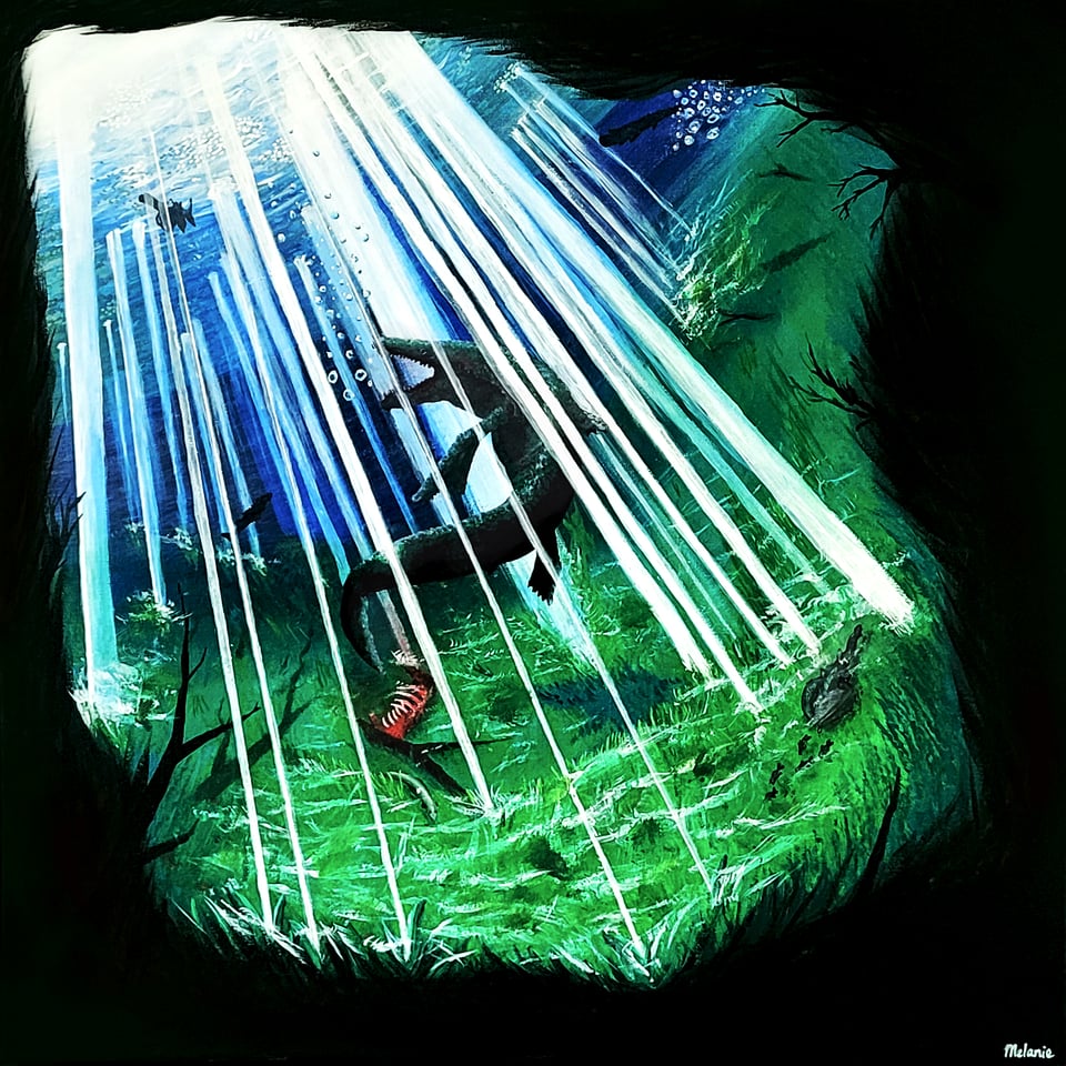 Art of a shadowy and sinuous mosasaur swimming over an algae-covered riverbottom, rays of light coming down from above.