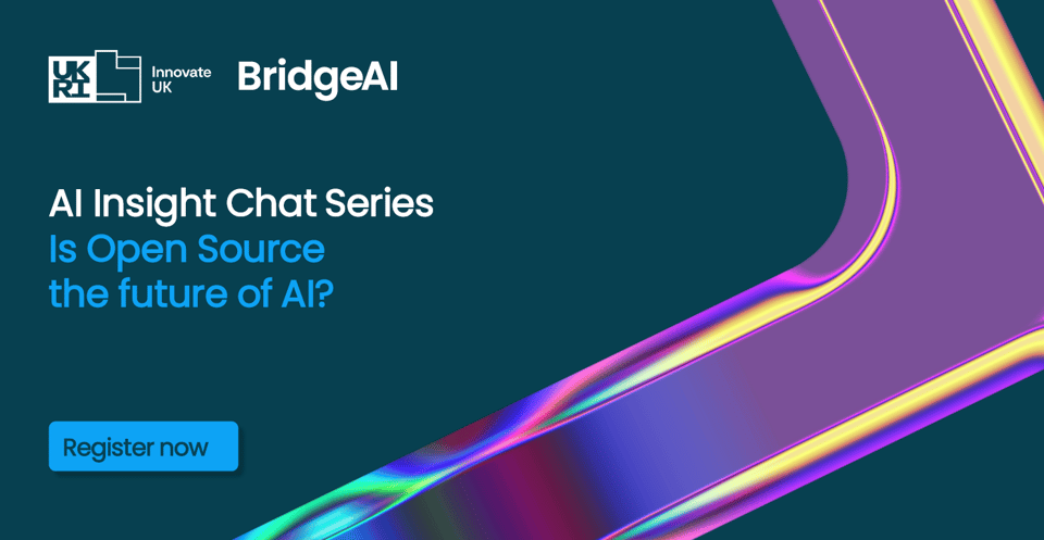 A dark blue banner with purple, pink and yellow gloss on the right. The banner has BridgeAI and Innovate UK logos