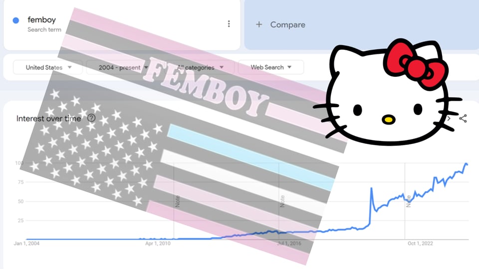 An upward sloping line graph of Google Trends data for the search term "femboy" in the US from 2004 to present, with a Hello Kitty face sticker and an upside-down American flag with pink and blue stripes and the word FEMBOY in all caps