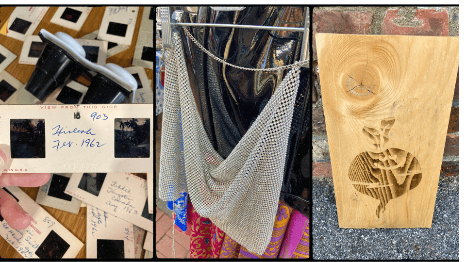 three photographs. L-R: a hand holding a slide above a table full of slides and a viewer; a metallic crop top on a hanger; a piece of wood with an onion engraved or burned into it.