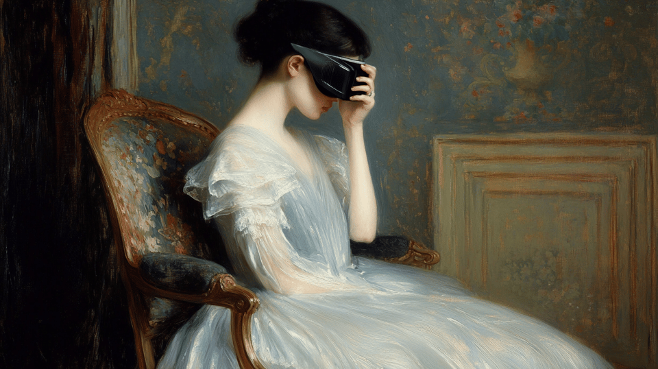 A generated image of a woman wearing an Apple Vision Pro in the style of Blanche's The Reader