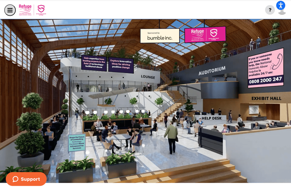 Image of Refuge's Tech Safety Summit, showing the virtual Lobby area with Auditorium, Exhibit hall and lounge areas