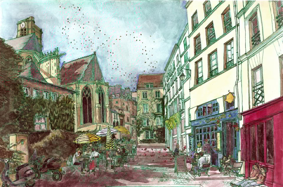 watercolor looking up the Rue des Barres, with a Gothic church on the left and many colorful shopfronts in medieval buildings along the right, in 2011.