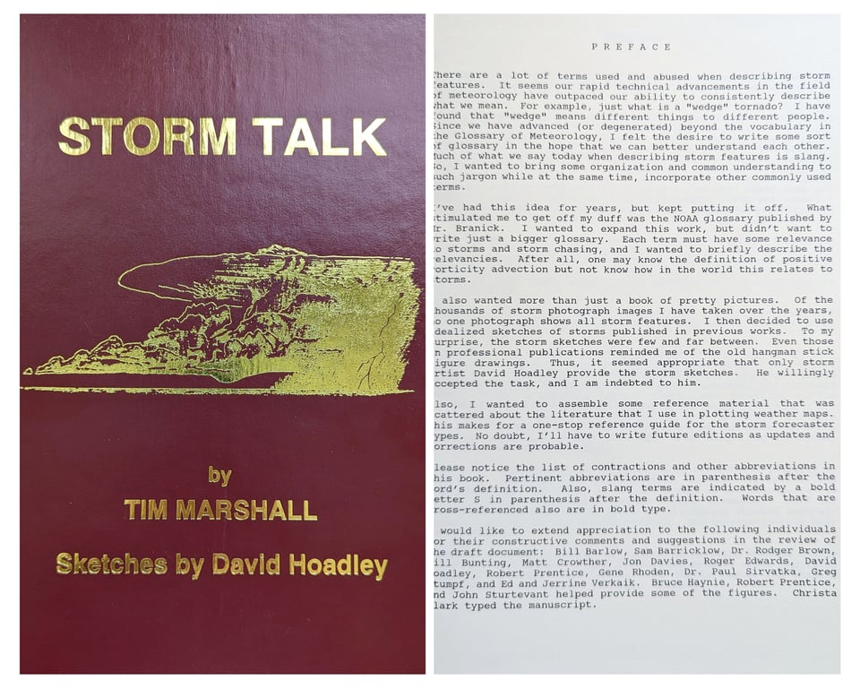 Collage of two images. On the left is a book cover, maroon with gold foil. The Title reads "Storm Talk" by Tim Marshall, Sketches by David Hoadley, with a sketch of a thunderhead. On the right is a photograph of the preface to the book.