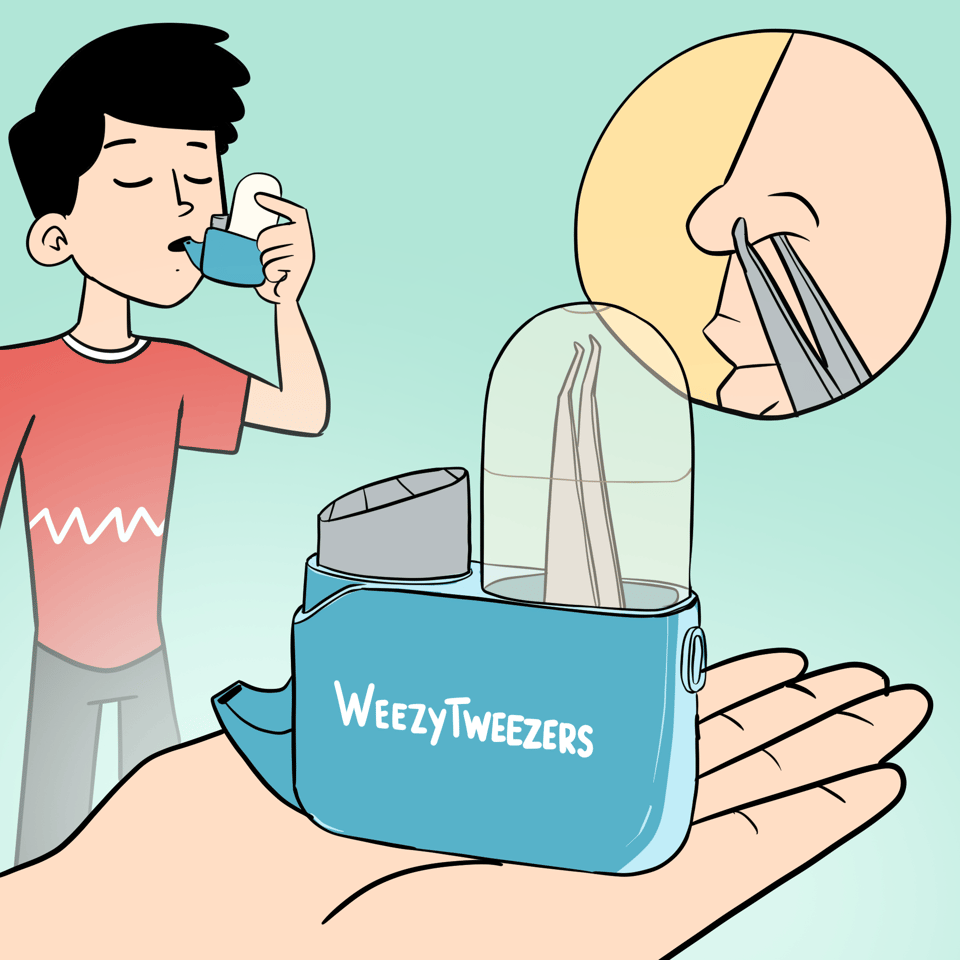The picture shows three images. First a man is using an asthma inhaler, second it is shown in more detail resting on a hand to show it is a combination asthma inhaler and pair of tweezers, finally it is shown about to remove some nose hair.
