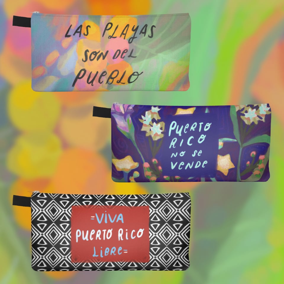 3 pencil cases with various colorful illustrations on a colorful blurred background