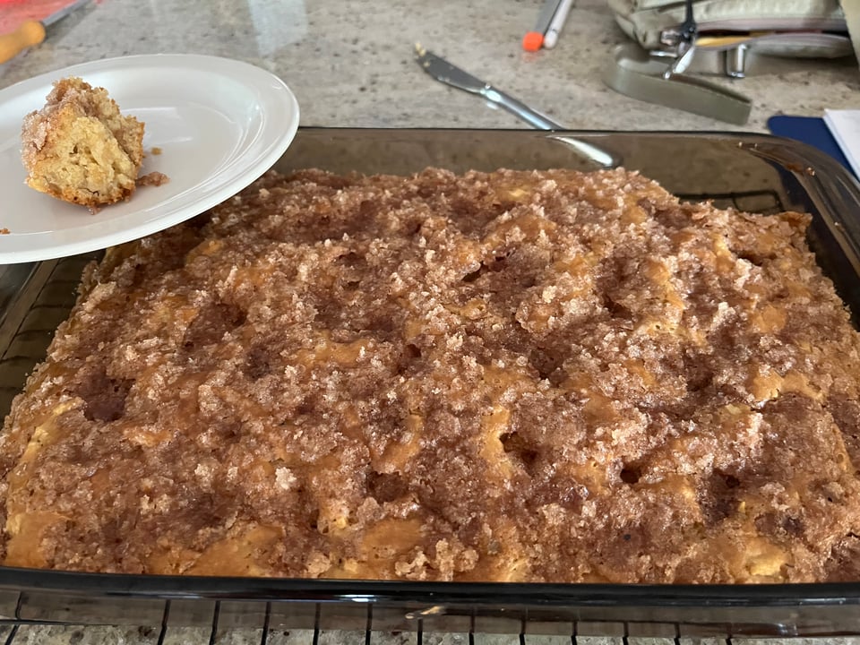 A 9 x 13 inch pan, with a baked cinnamon apple cake, with a cinnamon sugar topping sprinkled over the top.