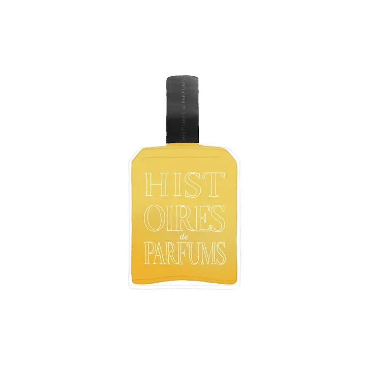 An illustration of a bottle of 1740 by Histoires de Parfums. The liquid is golden and the bottle has a black cylindrical cap.