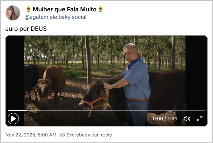 Post de 🌻Mulher que Fala Muito🌻(@agatemiele.bsky.social) com o texto: Juro por DEUS (video do momento em que a matéria do Globo Rural é interrompida pelo Plantão da Globo para informar a prisão do Solucinho)