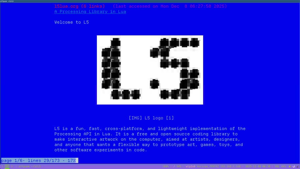 command line web browser Offpunk showing the L5 website