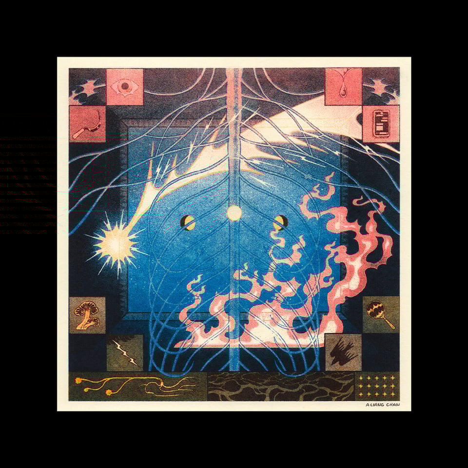 a comet sweeps over scattered flames, suspended between a starry night sky & a nervous system. symbols (an eye, a sickle, a drop of blood, texts on a phone, a mushroom, lightning, a mirror, a bird) are arranged in small panels around the scene.