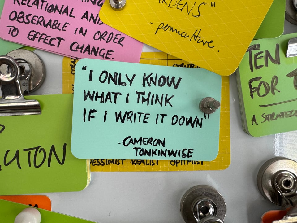 A quote on an Artefact Card - "I Only Know What I Think If I Write It Down"