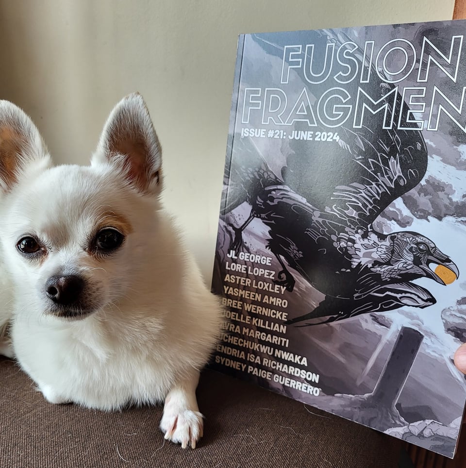 A handsome chihuahua lounges next to a copy of Fusion Fragment #21.