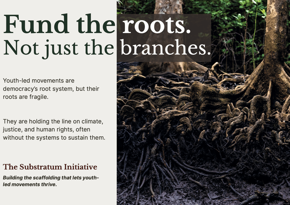 An image with words on the left and a photo of two tree truns with the roots exposed and deeper roots in the mud.
Words on the left read:
Fund the roots.
Not just the branches.
Youth-led movements are democracy's root system, but their roots are fragile.
They are holding the line on climate, justice, and human rights, often without the systems to sustain them.
The Substratum initiative
Building the scaffolding that lets youth-led movements thrive.