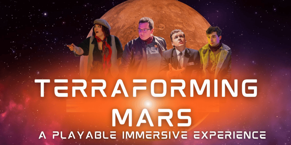 The cast of Terraforming Mars against the backdrop of the red planet.