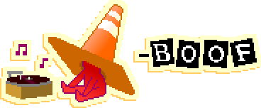 BOOF, a red doofus with a large safety cone for a hat, sitting and listening to records. Next to him is a large version of his signature.