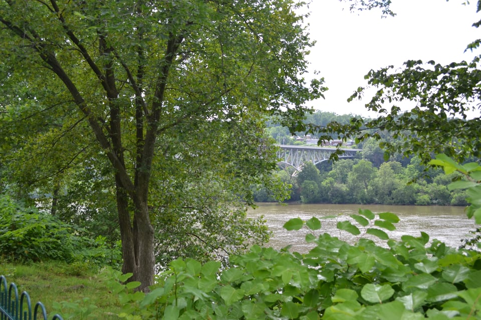 A river with a steel bridge across it. There are trees on both banks.