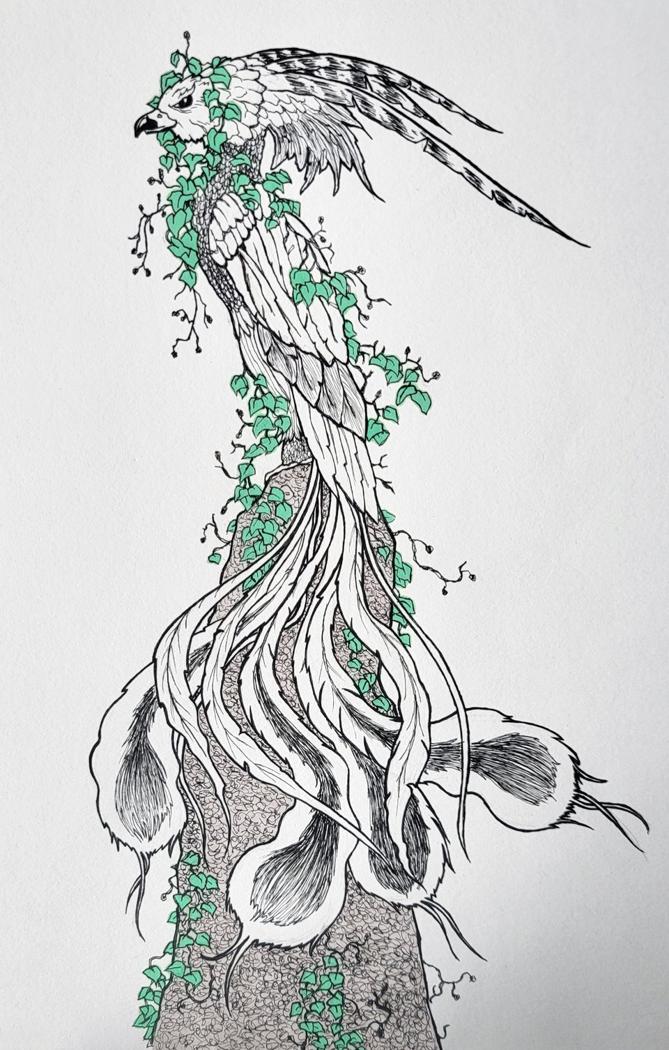 A sketch of a Phoenix overgrown with ivy. Black and white with green details for the ivy.