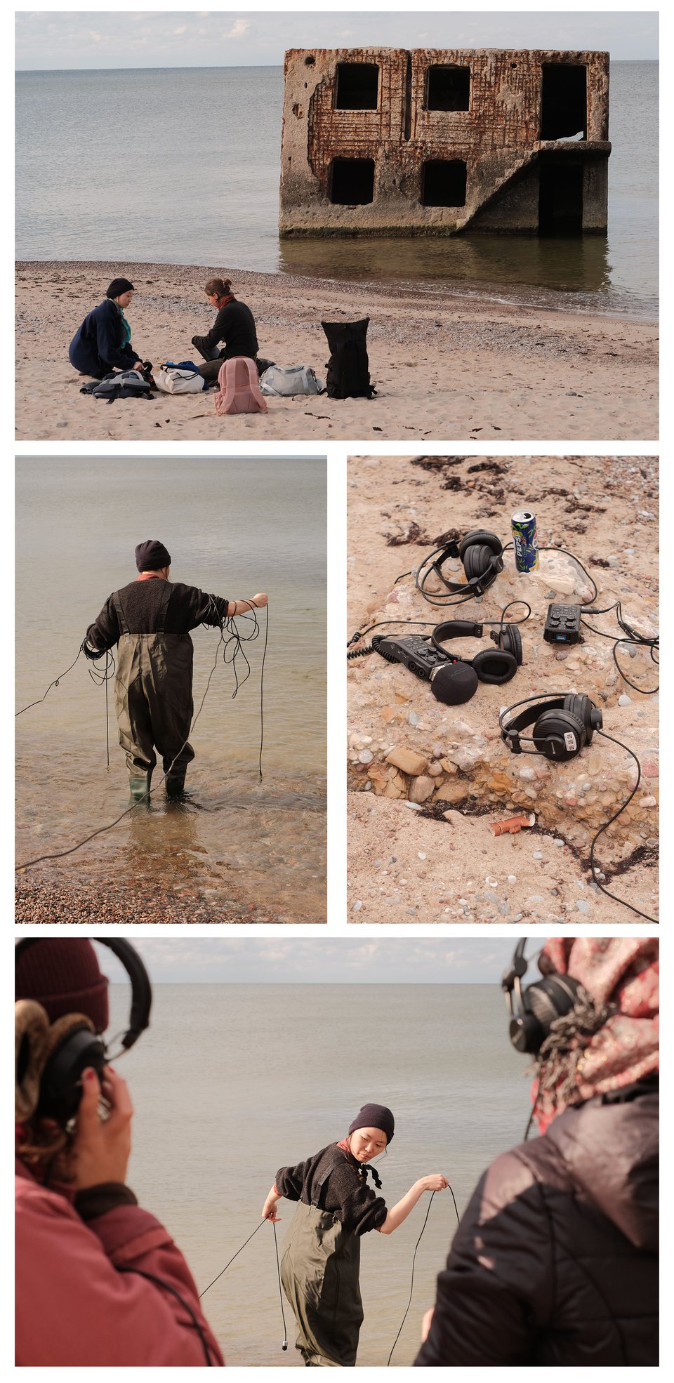 A collage of 4 photos: top shows two people sitting on the beach with a half-submerged building behind them; second shows a person in a waterproof suit wading into the sea, with cables dangling from their arms; third shows recording devices and headphones laid on the crumbling sandy concrete; the fourth shows the person in the water looking behind them to make sure the cables aren't tangled, they are framed by two people on the shore observing with headphones.