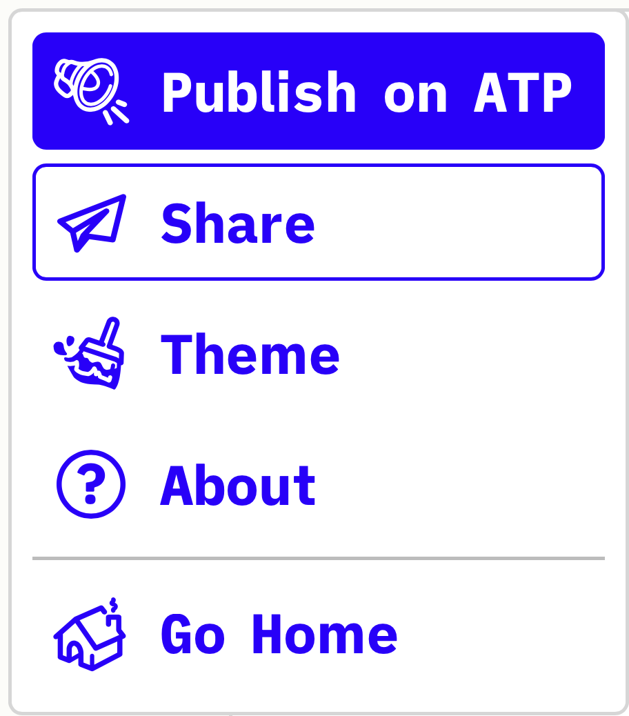 Leaflet pub icons zoomed in views. From top to bottom, A megaphone with text "Publish on ATP", a paper plane with text "share", a paintbrush with text "theme", a question mark with text "about", and a house with text "go home"