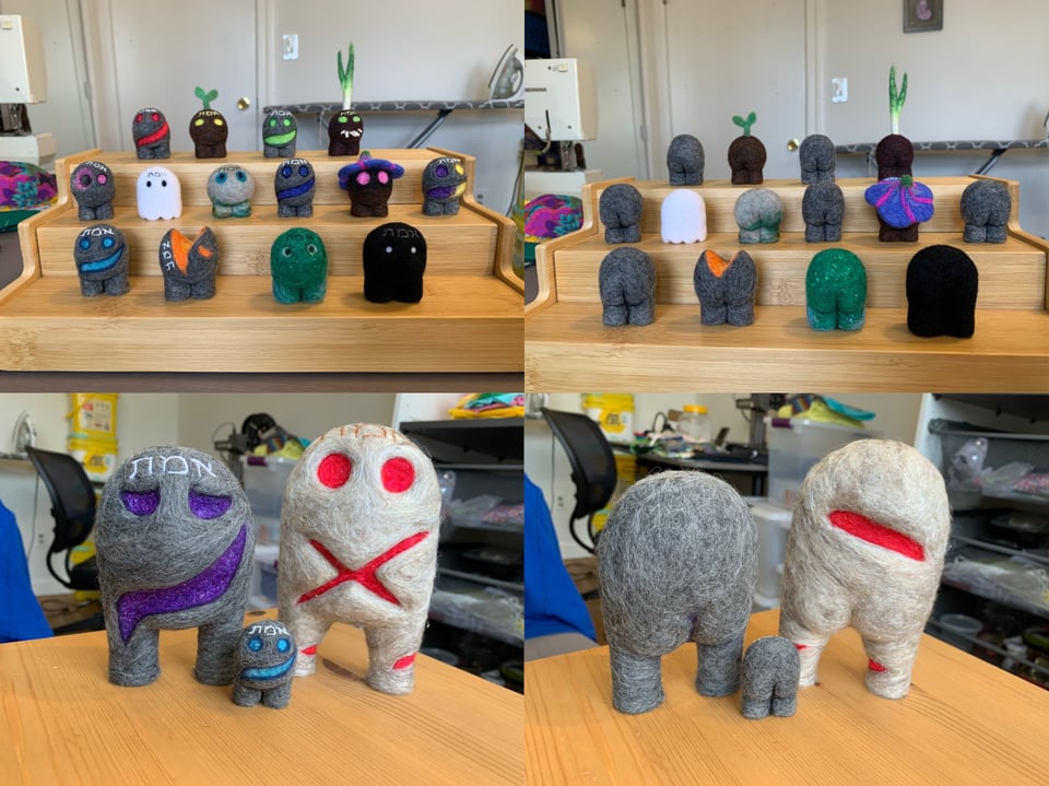 16 needle-felted golem figurines, with views from in front and in back.