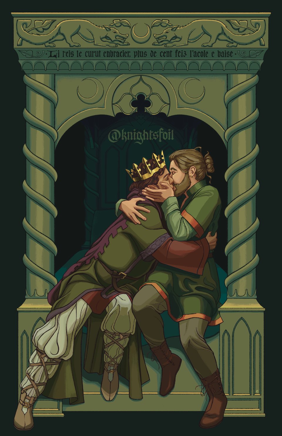 Digital illustration of two men passionately kissing, sitting on the edge of a wooden canopy bed. Above their head is handlettered text in medieval French. The image is predominantly green.