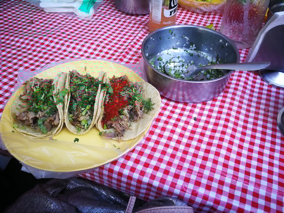 A picture of pork tacos on soft corn tortillas on a checked tablecloth in Mexico City
