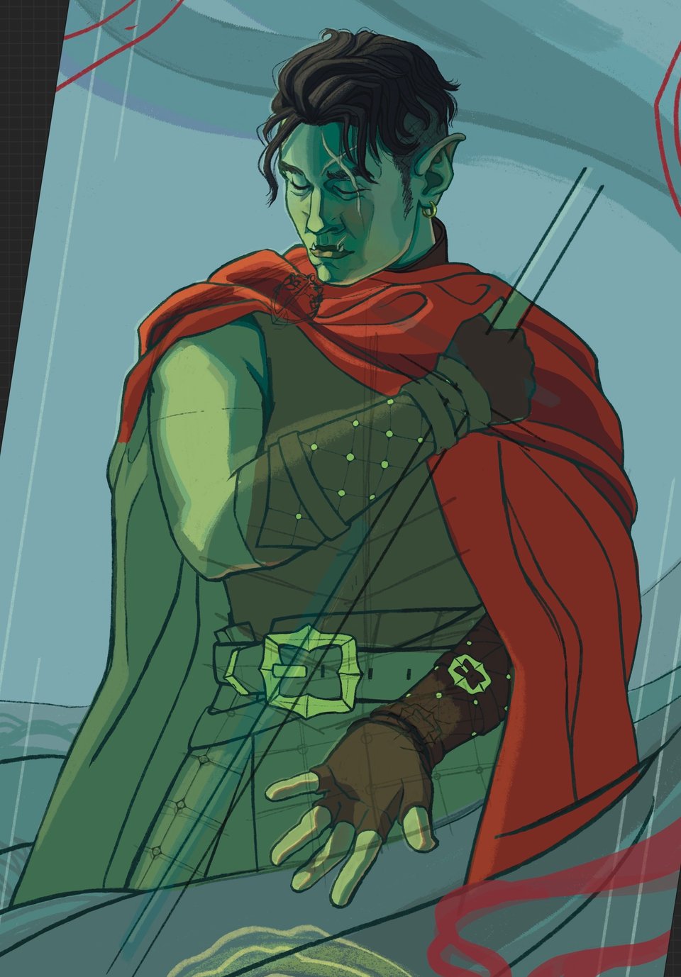 Digital illustration in progress of Fjord Stone, a half orc young man. He carries a sword (Star Razor) which has not been drawn yet, and extends a hand. He appears pensive and wears a red cloak. Fjord appears to be standing in the ocean.